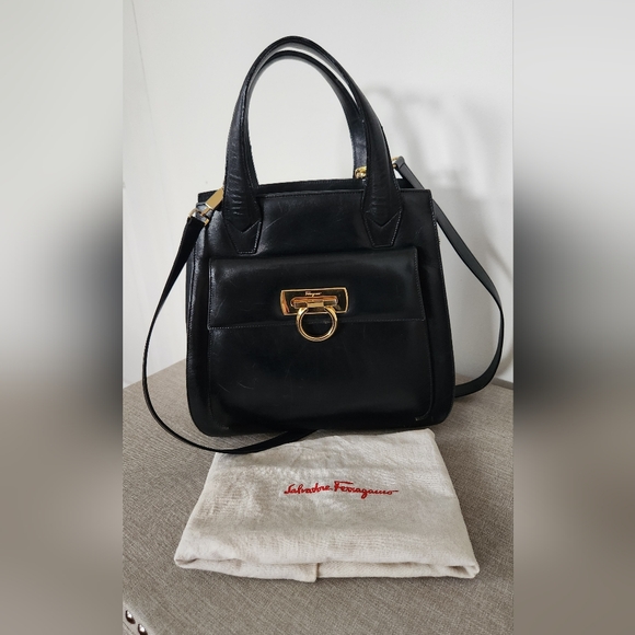 Salvatore Ferragamo Handbags - Salvatore Ferragamo Vintage Black Satchel with Gold Accents